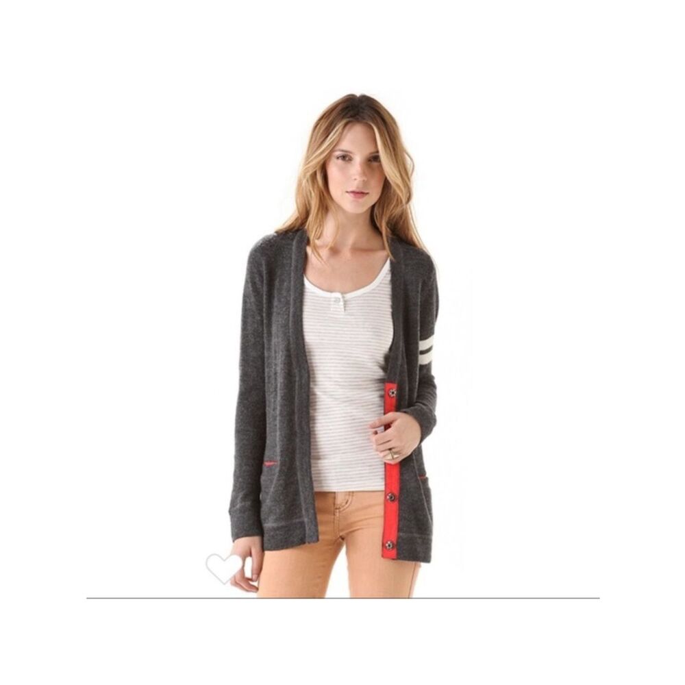 Free People Ivy Varsity Gray with Red Trim Cardigan Sweater Preppy Academia
